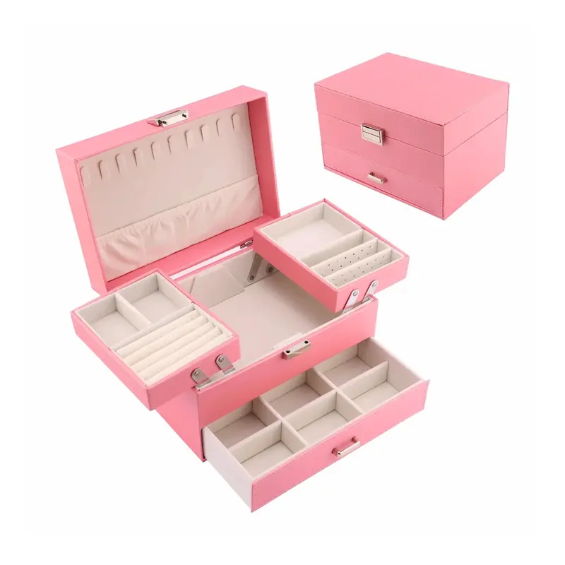 3 Layer Pink Pu Leather Jewelry Box – Women’S Organizer With Drawer 1