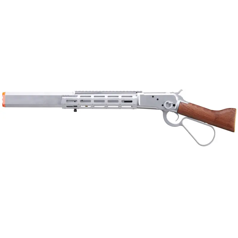 Atlas Custom Works M1873 "Mares Leg" Lever Action Airsoft Green Gas Rifle W/ M-Lok Rail And Suppressor - Silver 1