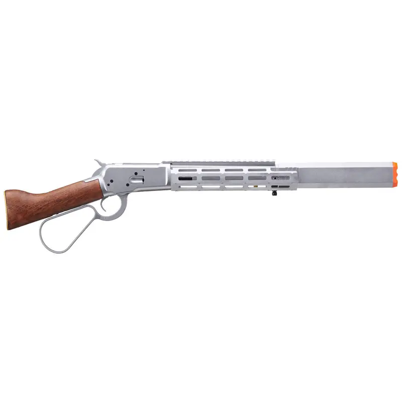 Atlas Custom Works M1873 "Mares Leg" Lever Action Airsoft Green Gas Rifle W/ M-Lok Rail And Suppressor - Silver 2