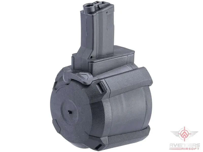 Avengers 1200 Round Electric Drum Magazine For Airsoft Aeg Rifles - Mp5 - Black - Button 1