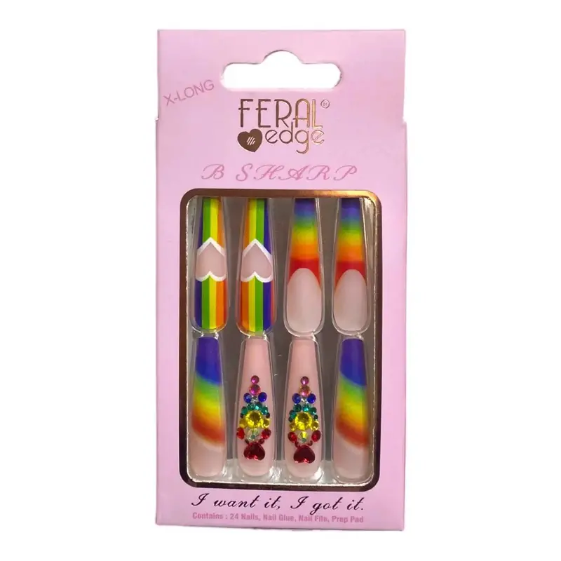 Feral Edge High Quality Press On Nails Extra Long B-Sharp - Rainbow Heart 1