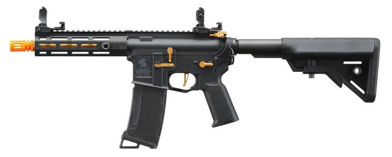 Lancer Tactical Gen 3 Hellion 7" M-Lok Airsoft Aeg Rifle W/ Crane Stock - Black & Gold 1